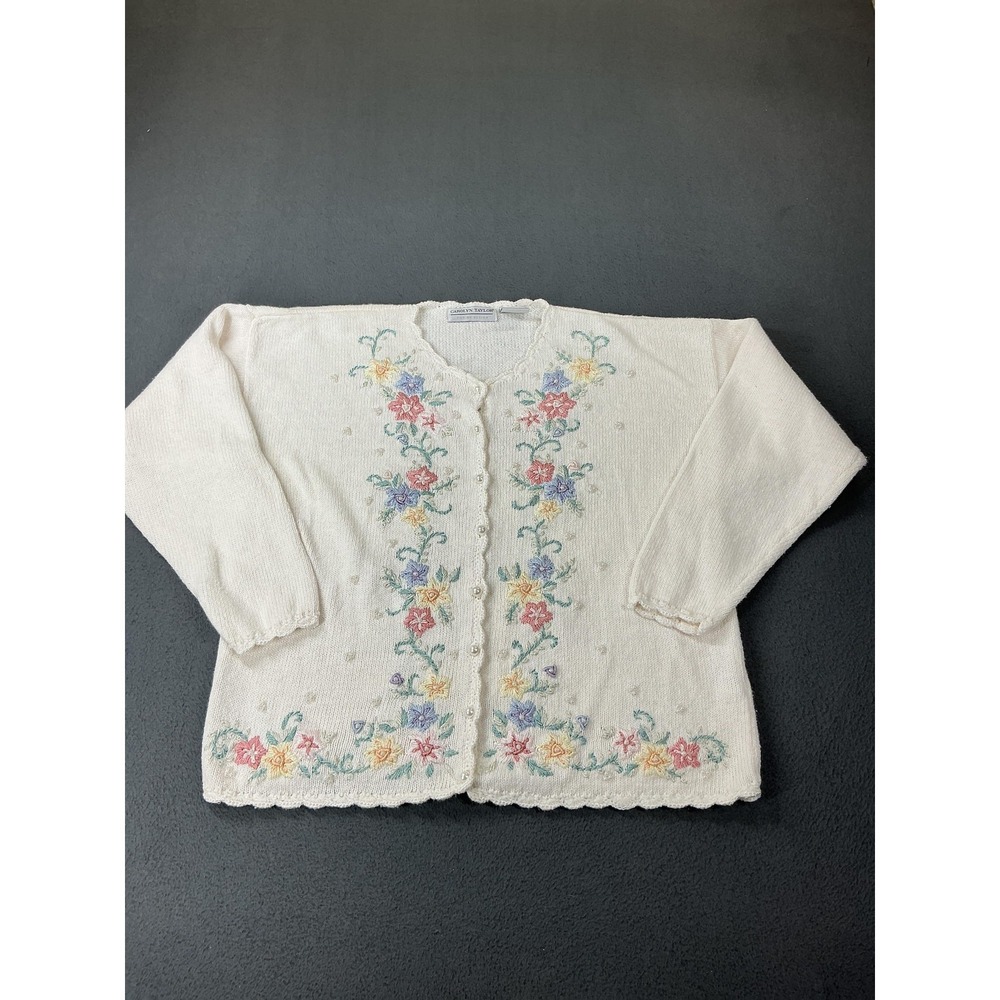 Carolyn Taylor Cardigan Sweater Womens L White Floral Embroidered Beaded Granny